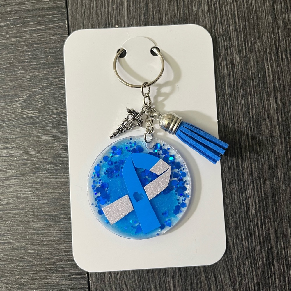 Hand crafted blue diabetic ribbon keychain